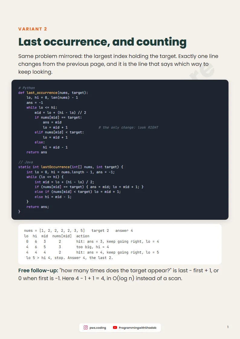 Binary Search Variants: 7 Templates, Java + Python, Inside page 3
