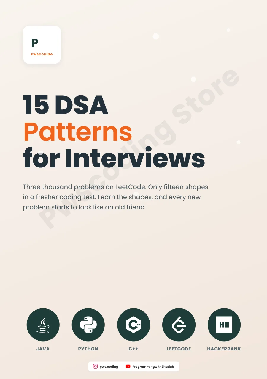 Page from DSA Patterns Cheat Sheet — 15 Patterns, 60 Problems