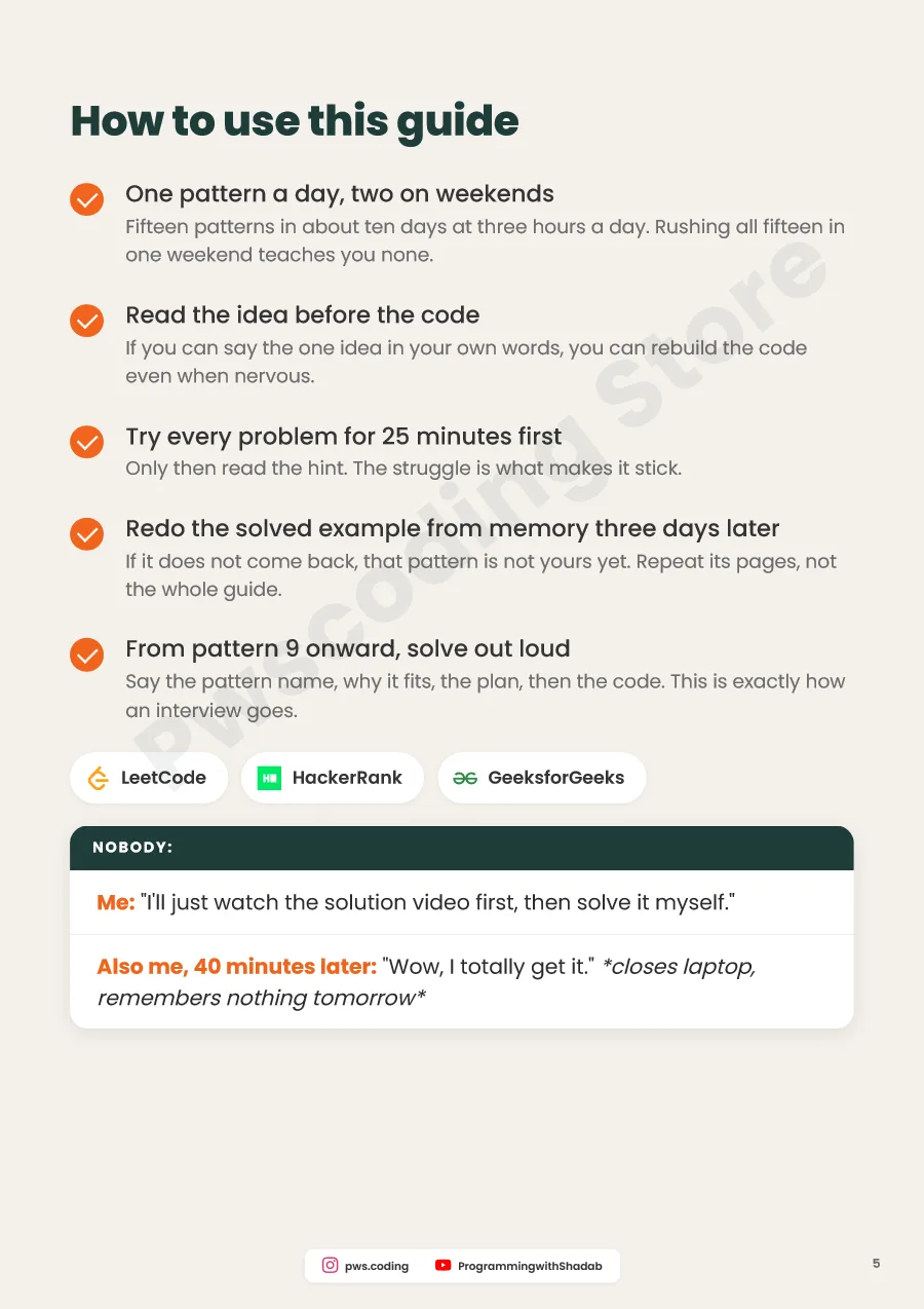 DSA Patterns Cheat Sheet — 15 Patterns, 60 Problems, Inside page 5