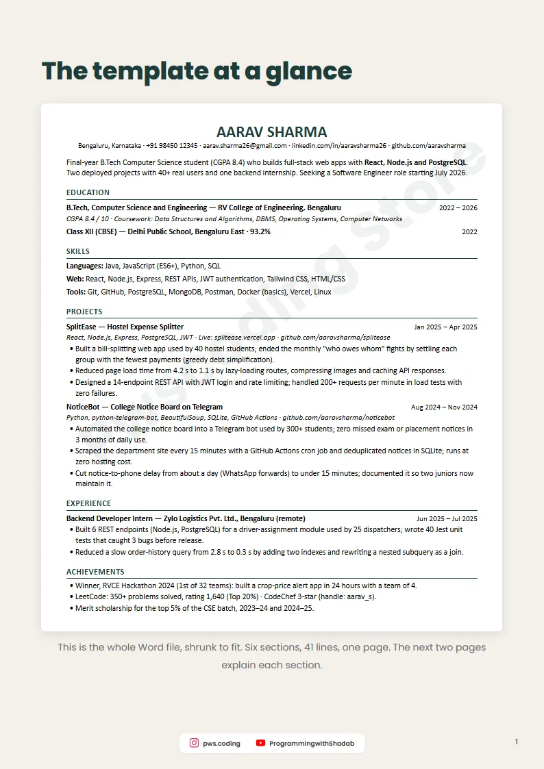 Page from Fresher Resume Template (Word file + guide)
