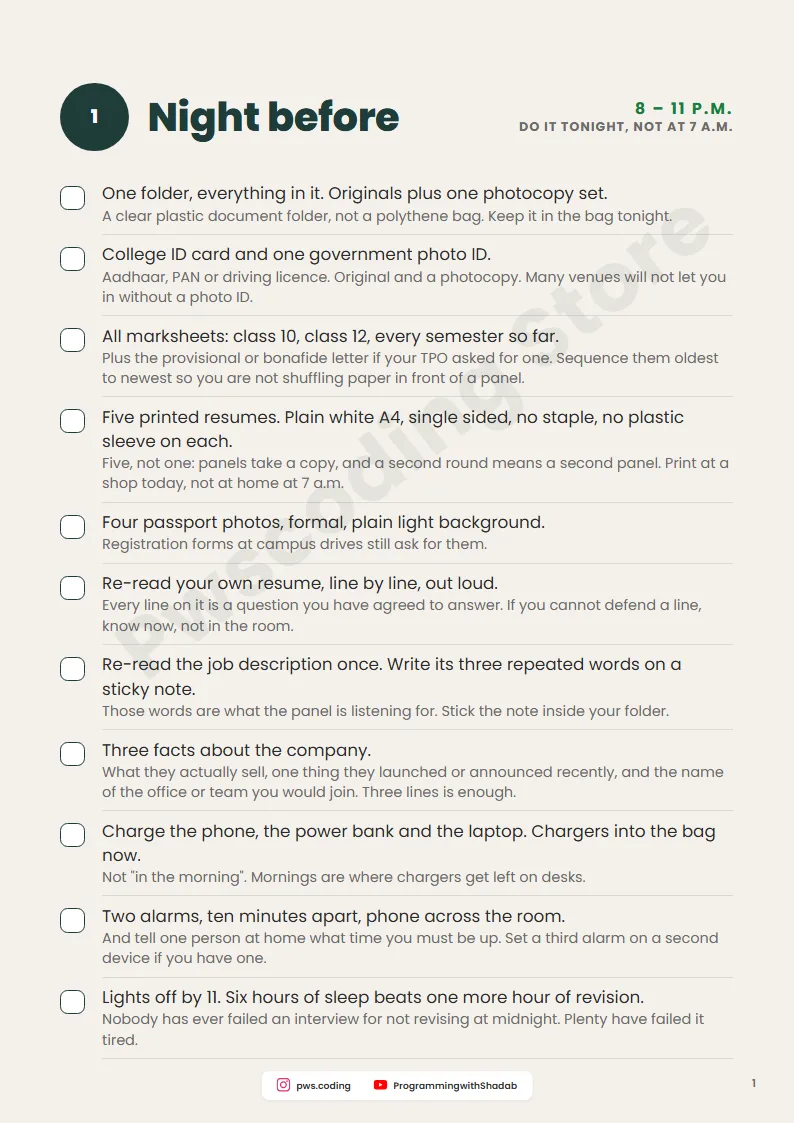 Page from Interview Day Checklist: Night Before To Walk-Out