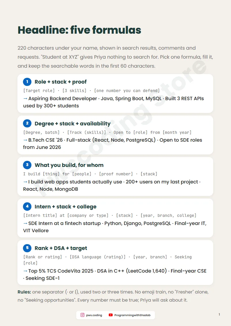 Page from LinkedIn Profile Setup For Freshers