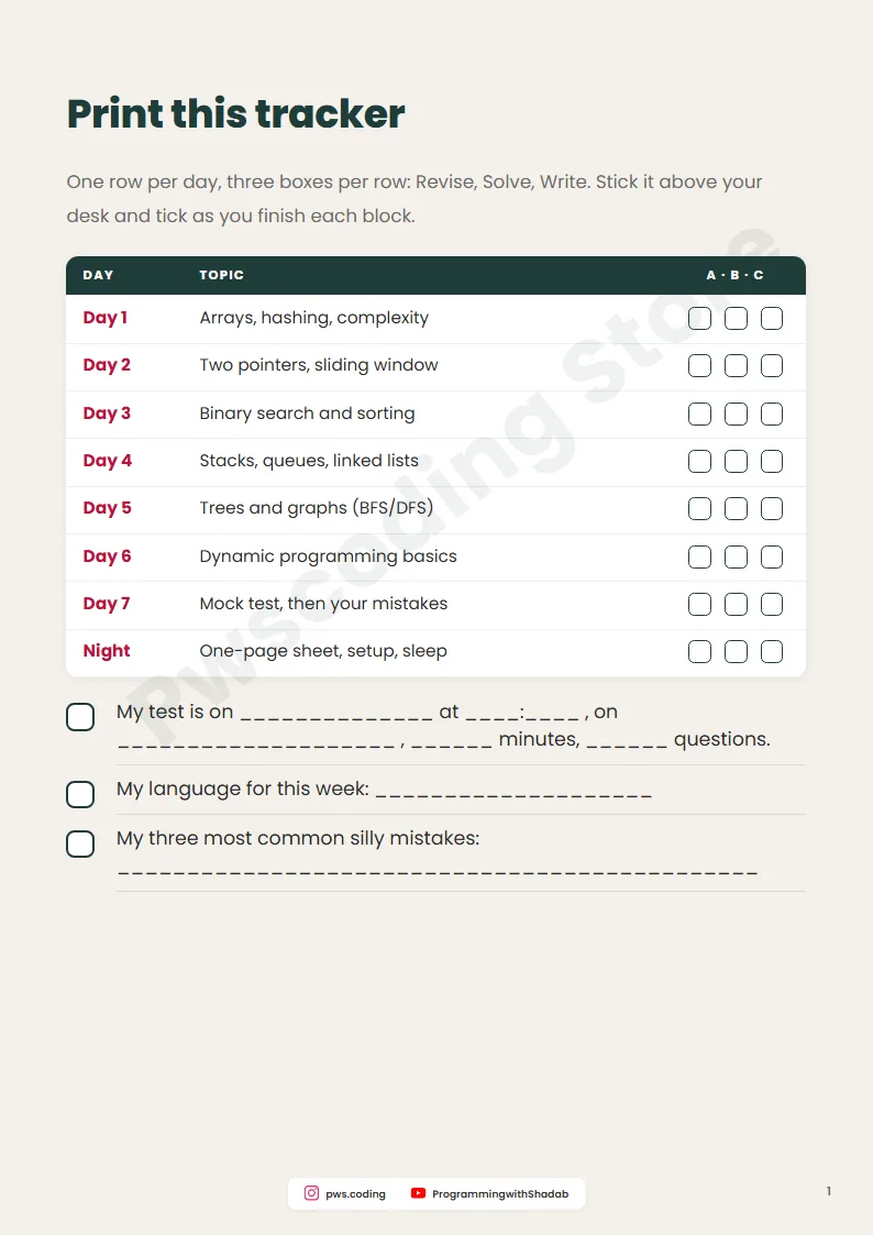 7-Day DSA Revision Plan, Inside page 3